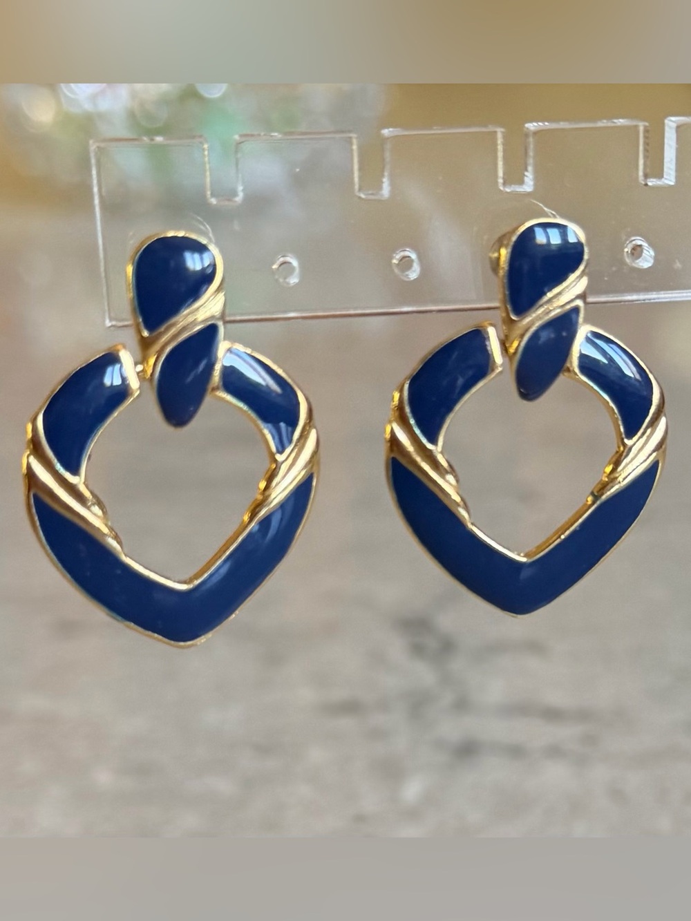 Vintage Gold and Navy Enamel Heart Drop Earrings - Women Jewelry